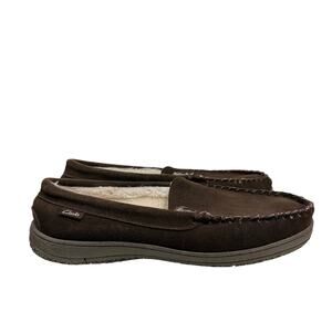 Clarks Mens Dark Brown Suede Moccasin Slippers Faux Fur Lined Size 10 M